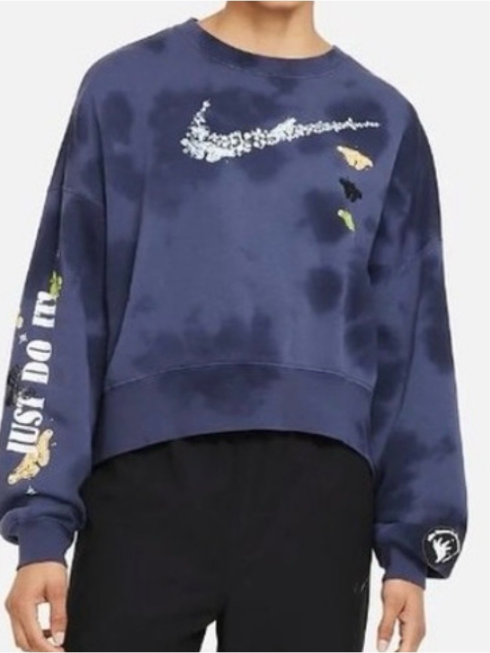 Nike Navy Tie-Dye Cropped Sweatshirt with White Swoosh & Butterfly Accents